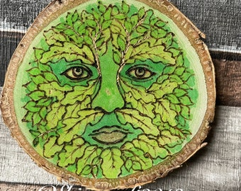 Green Man Altar Decoration, Altar Tile, Beltane, Woodburning, Pyrography, Handpainted, Witch, Pagan