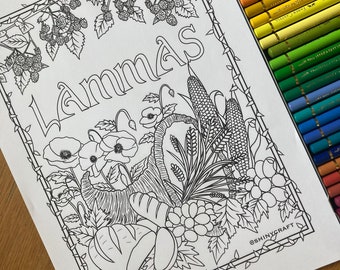 Lammas Lughnasadh Colouring Page, Digital Download Only, Witch Colouring book, Sabbats, Pagan, Wiccan, Summer solstice