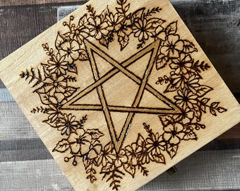 Pentacle Wreath Wooden Box, Woodburning, Pyrography, Jewellery Box, Altar Box, Witch Gift