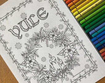 Yule Colouring Page, Digital Download only, Witch Colouring, Sabbats, Pagan, Wicca