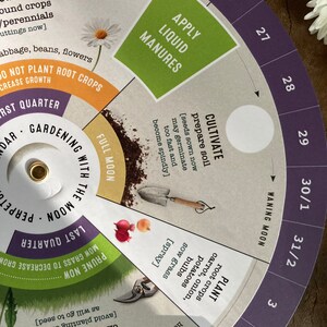 May include: A circular gardening calendar with text and illustrations. The calendar features sections for planting, pruning, and harvesting, with phases of the moon indicated. The text includes "Apply Liquid Manures" and "Plant root crops". Daisies are in the background.