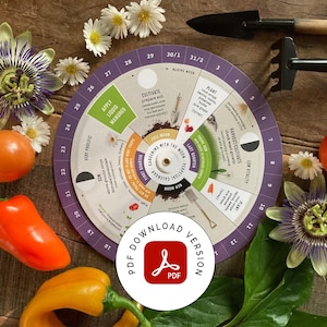 May include: A gardening perpetual calendar with a circular design, featuring phases of the moon and gardening tasks. The image includes gardening tools, vegetables, and flowers. The text "PDF DOWNLOAD VERSION" is visible.