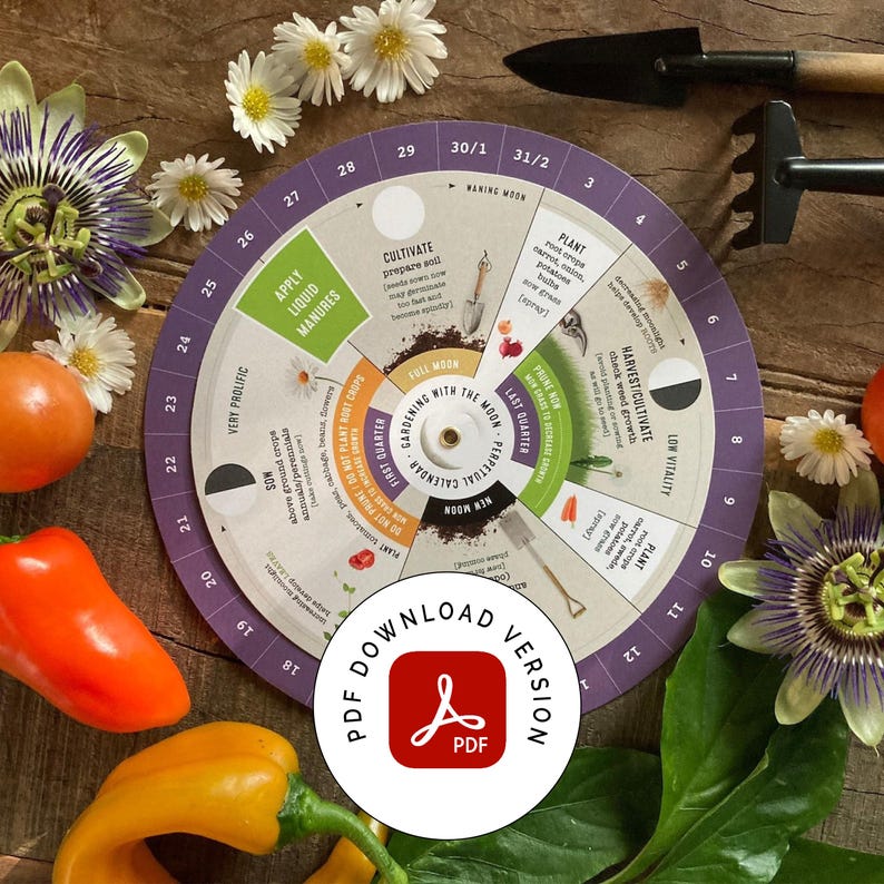 May include: A gardening perpetual calendar with a circular design, featuring phases of the moon and gardening tasks. The image includes gardening tools, vegetables, and flowers. The text "PDF DOWNLOAD VERSION" is visible.