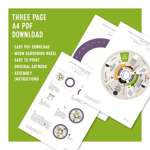 May include: A stack of white A4 PDF pages with a green background. The pages feature a moon gardening wheel design and instructions. Text on the pages includes "Three Page A4 PDF Download", "Easy PDF Download", and "Moon Gardening Wheel".
