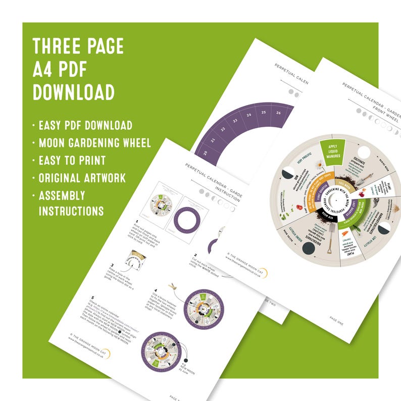 May include: A stack of white A4 PDF pages with a green background. The pages feature a moon gardening wheel design and instructions. Text on the pages includes "Three Page A4 PDF Download", "Easy PDF Download", and "Moon Gardening Wheel".