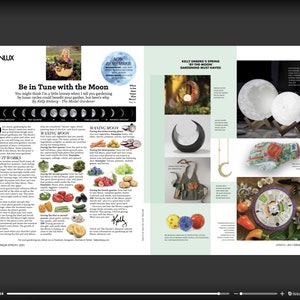 May include: A magazine spread with the title "Be in Tune with the Moon" and the subtitle "Gardening Must Haves!" featuring gardening tips. The page includes images of gardening tools, moon-shaped decor, and a woman holding a basket of produce.