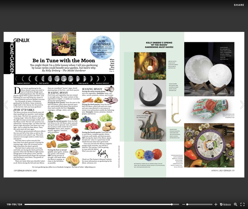 May include: A magazine spread with the title "Be in Tune with the Moon" and the subtitle "Gardening Must Haves!" featuring gardening tips. The page includes images of gardening tools, moon-shaped decor, and a woman holding a basket of produce.
