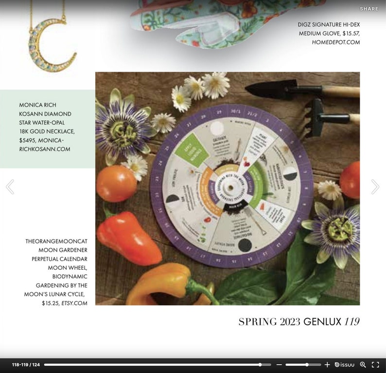 May include: A gold crescent moon necklace with gemstones, a gardening calendar, gardening gloves, and fresh produce. The calendar is a wheel with gardening phases. The text reads "Spring 2023 Genlux 119".
