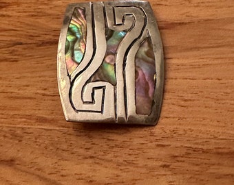 Sterling Silver 925 abstract brooch, southwestern/Mexico with mother of pearl/abalone.