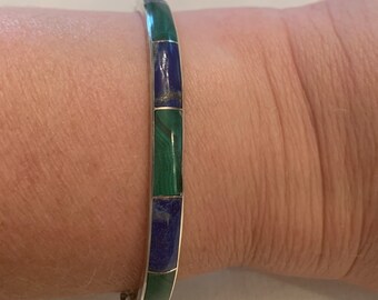 Vintage  silver hinged bangle with lapis & malachite inlay