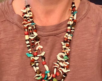 Zuni 3-strand heshi bead fetish chicklet necklace