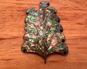 Sterling Silver 925 feather brooch, southwestern/Mexico with mother of pearl/abalone and onyx.