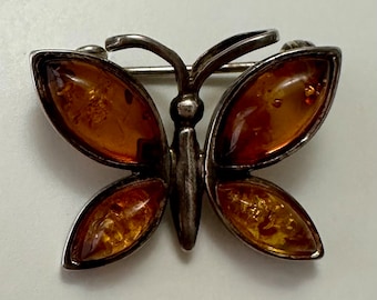 Butterfly brooch/pin: Amber and Sterling silver