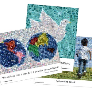 Paquete de tres mosaicos Montessori: Paloma de la Paz, Mapa del Mundo y Mosaicos fotográficos Montessori "Sigue al Niño"