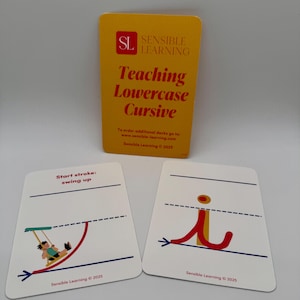 May include: A set of educational cards for teaching lowercase cursive handwriting. The cards feature illustrations and instructions for forming letters, with the text "Teaching Lowercase Cursive" on the yellow card. The cards are white with red, yellow, and blue accents.