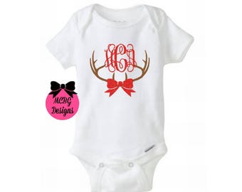 Monogrammed Christmas Shirt•First Christmas Outfit•Baby Girl Christmas Outfit•Toddler Christmas Shirt•Reindeer Shirt•Antler Shirts