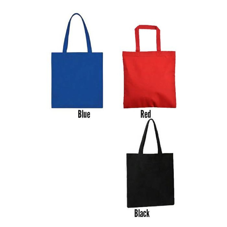 May include: Three tote bags in different colours: blue, red and black. The bags are made of a plain, solid fabric.