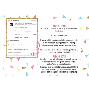 May include: A graphic design for a baby bodysuit or shirt with the text "Play My Beat" in black and white. The design includes a musical note and a heart. The text "How to order" is displayed with instructions for ordering. The text "Please Note" is displayed with information about completing orders.