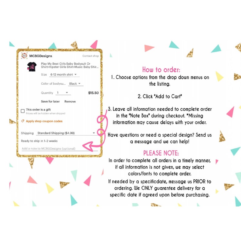 May include: A graphic design for a baby bodysuit or shirt with the text "Play My Beat" in black and white. The design includes a musical note and a heart. The text "How to order" is displayed with instructions for ordering. The text "Please Note" is displayed with information about completing orders.