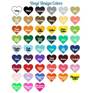 May include: A chart of heart-shaped color swatches with names for each color, including white, black, charcoal, grey, silver, gold, Vegas gold, tan, chocolate, brown, cream, coral, Texas orange, orange, sun yellow, yellow, lemon yellow, lime, green apple, green, dark green, turquoise, jade, mint, powder blue, pale blue, tiffany, teal, sky blue, royal, navy, purple, grape, dark maroon, maroon, cardinal, burgundy, red, bright red, hibiscus, pink, bubble gum, light pink, lilac, fluorescent blue, fluorescent orange, fluorescent coral, fluorescent yellow, fluorescent green, fluorescent pink, fluorescent raspberry.