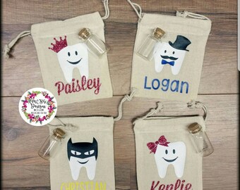Personalized Tooth Fairy Pouch • Keepsake Muslin Bag with Vial