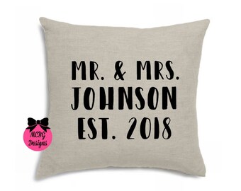 Couples Pillows, Mr. And. Mrs. Est., wedding gifts, anniversary gifts, honeymoon gifts, wedding pillow, pillows