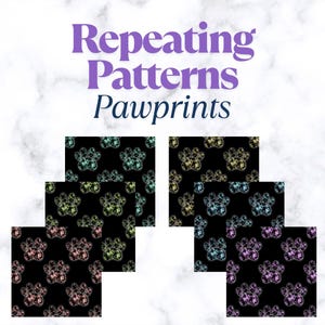 Può includere: L'immagine mostra motivi ripetuti di impronte di zampe colorate su sfondo nero. Il testo "Repeating Patterns Pawprints" è visualizzato in viola e blu scuro. Le impronte delle zampe sono in tonalità di rosa, giallo, blu e verde.