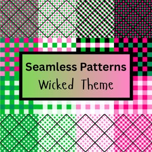 Peut inclure: Graphique numérique présentant des motifs sans couture dans des tons de vert, rose et noir. Les motifs incluent des carreaux, des losanges et des grilles. Le texte "Seamless Patterns Wicked Theme" est affiché sur un fond dégradé.