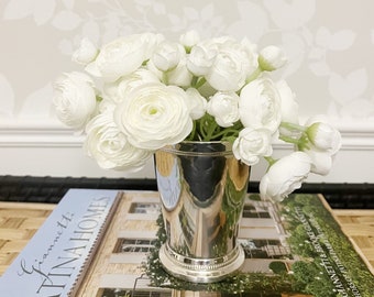 Sliver Plated Mint Julep Cup with Faux Buttercup Ranunculus Arrangement Vase