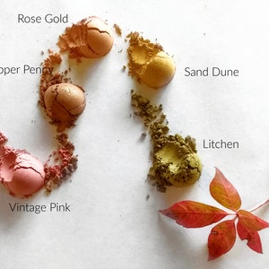 May include: Five small samples of loose eyeshadow powder in various shades of pink, orange, yellow, and green. The colours are labelled "Rose Gold", "Copper Penny", "Sand Dune", "Vintage Pink", and "Litchen".