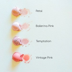 May include: Four different shades of blush makeup, from light pink to coral, are shown in small round containers. The shades are labelled "Petal", "Ballerina Pink", "Temptation", and "Vintage Pink".