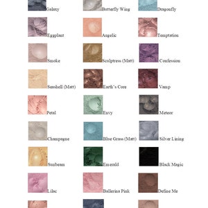 May include: A collection of 36 eyeshadows in a variety of colours and finishes, including matte, shimmer, and glitter. The eyeshadows are arranged in a grid of 3 rows and 12 columns. The names of the eyeshadows are printed below each one.