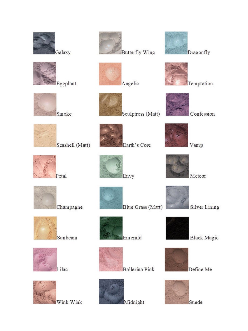 May include: A collection of 36 eyeshadows in a variety of colours and finishes, including matte, shimmer, and glitter. The eyeshadows are arranged in a grid of 3 rows and 12 columns. The names of the eyeshadows are printed below each one.