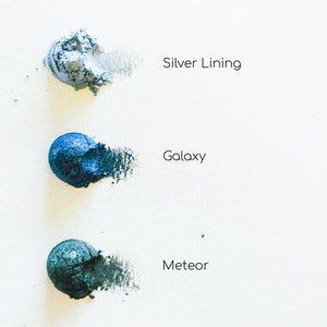 May include: Three eyeshadow samples in shades of blue and grey. The samples are labelled "Silver Lining", "Galaxy", and "Meteor".