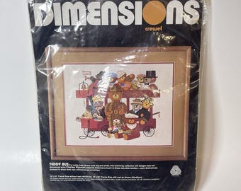 Vintage 1986 Dimensions Teddy Bus 18" x 14" Wool Crewel Embroidery Kit NEW