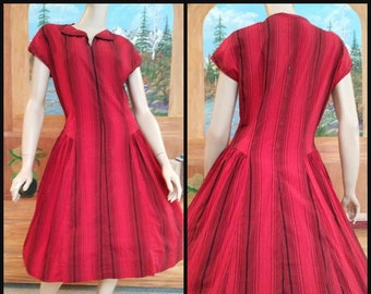 Vintage Cotton 40s/50s Dress Red-Black/1950 Rockabilly Patsy Cline Western Cowgirl/-Size Medium Large