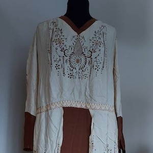 Vintage Antique Victorian Edwardian Embroidered Dress Titanic Downton Abby Gatsby Beige Brown Orange/ Spring Fall/ Garden Party