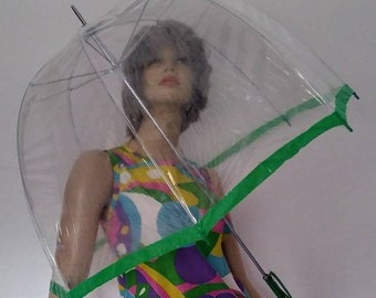 Vintage 50s/60s/70s  Umbrella/Green Clear Vinyl/Womens Mens/Rain Accessories/Mid Century Retro Mod/Dome Parasol Canopy Cover//Stick Handle