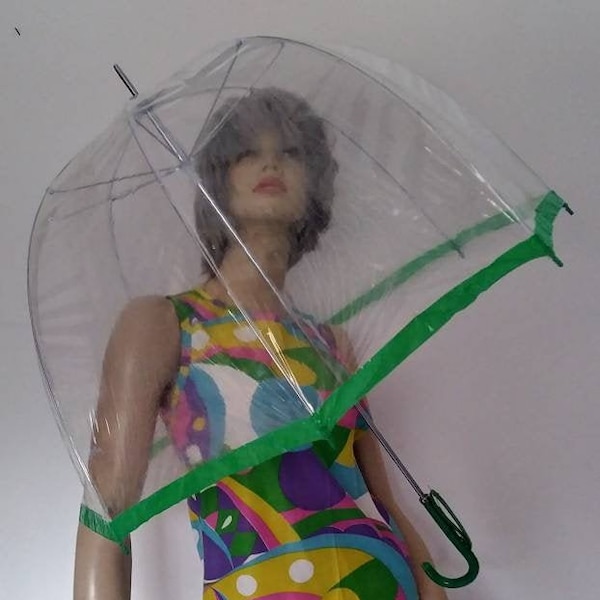 Vintage 50s/60s/70s  Umbrella/Green Clear Vinyl/Womens Mens/Rain Accessories/Mid Century Retro Mod/Dome Parasol Canopy Cover//Stick Handle