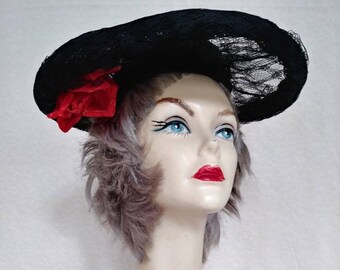 Vintage 50s/60s Black Red Rose Hat/Wide Brim Tilt Hat/ Formal Cocktail Mad Men~Mrs Maisel Holiday Party Hat/Christmas Valentine Winter