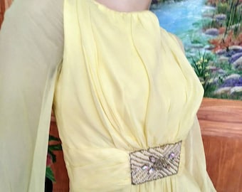 Vintage des années 60/70 jaune robe longue/petite/robe en mousseline de soie/taille empire/strass/bal de promo mariage demoiselle d'honneur/1960 Mad Men/printemps été