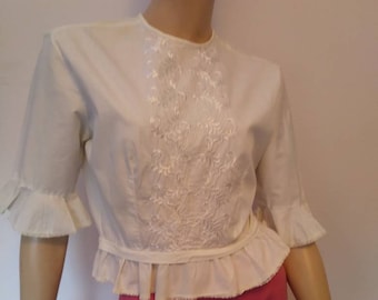Vintage Victorian Style Cotton Blouse/Size M/Embroidered Short Sleeve Ruffle/Bridal Wedding/Spring Garden Party/