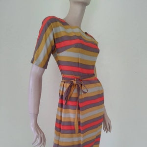 Vintage 50s/60s Dress/Orange Brown Yellow White Stripe/ Sz. 6 Small/1950 Rockabilly Pin-up/1960 Mad Men~Mrs. Maisel/Summer Cocktail Party
