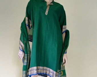 Vintage 3pc Set Tunic Pants Scarf/Green Blue Gold/India/Pajama/Lounge-wear/Large/Metallic Sari Silk BoHo Nehru Yogini Goddess Lounge Set