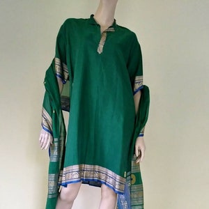 Vintage 3pc Set Tunic Pants Scarf/Green Blue Gold/India/Pajama/Lounge-wear/Large/Metallic Sari Silk BoHo Nehru Yogini Goddess Lounge Set