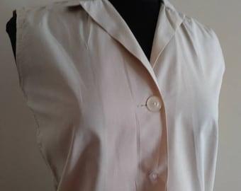 Vintage 50s/60s Beige Cotton Blouse~Top/1950 Rockabilly Pinup/Small 4/Sleeveless/Lady Sutton Shirt/1960 Mad Men~Mrs Maisel/Spring Summer/