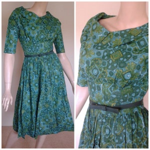 Vintage 50s/60s Shirtwaist Cotton Dress/Green Blue/Deadstock/1950 Rockabilly/X Small/Fashion Frocks/1960 Mad Men~Mrs Maisel/Spring Summer