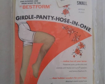Vintage Girdle-Pantyhose all in ONE/ Hosiery 50s/60s /Yellow Stockings Pair Nylon/ Original Package Ladies  Size S/ 8 1/2-11