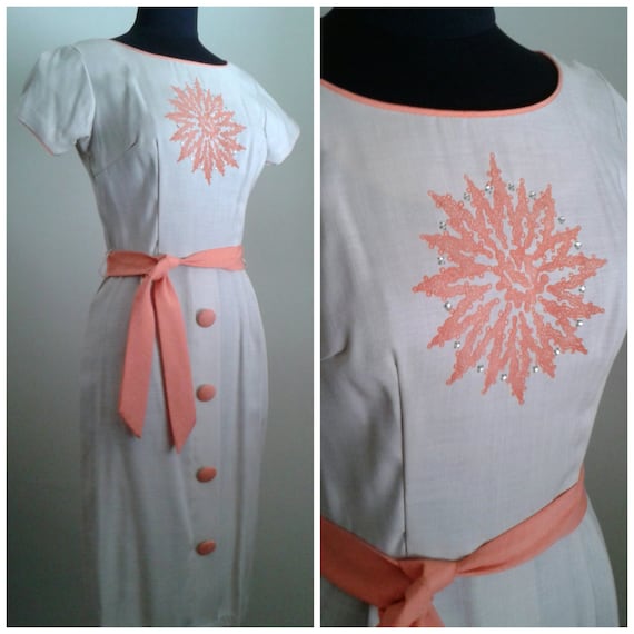 Vintage 50s/60s Wiggle Dress/Beige Orange/Zodiac S