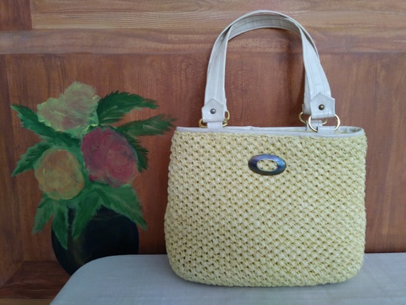 Vintage 50s/60s Purse/Handbag/Yellow White Raffia… - image 8